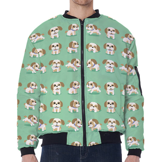 Cartoon Shih Tzu Pattern Print Zip Sleeve Bomber Jacket