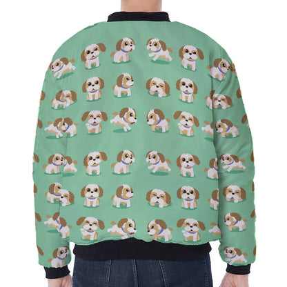 Cartoon Shih Tzu Pattern Print Zip Sleeve Bomber Jacket