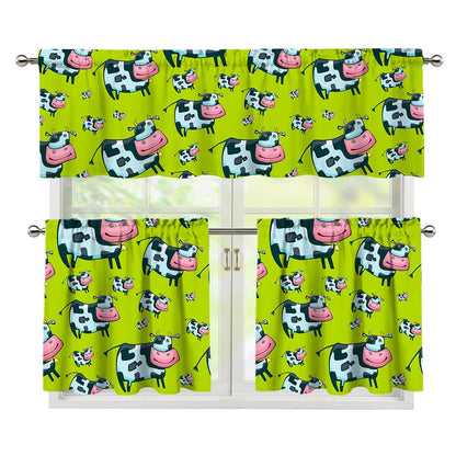 Cartoon Smiley Cow Pattern Print 3 Piece Kitchen Curtains