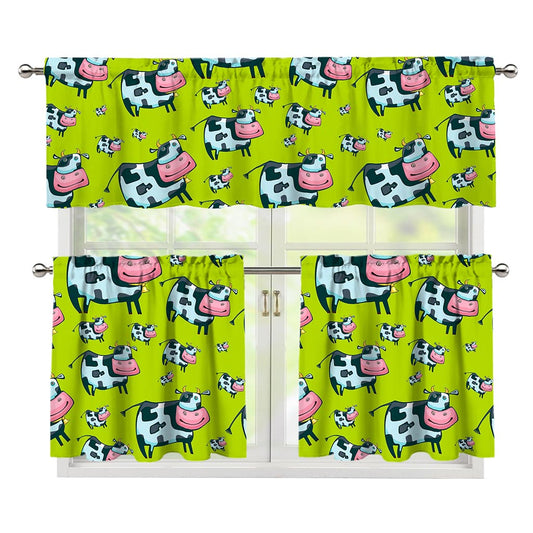 Cartoon Smiley Cow Pattern Print 3 Piece Kitchen Curtains