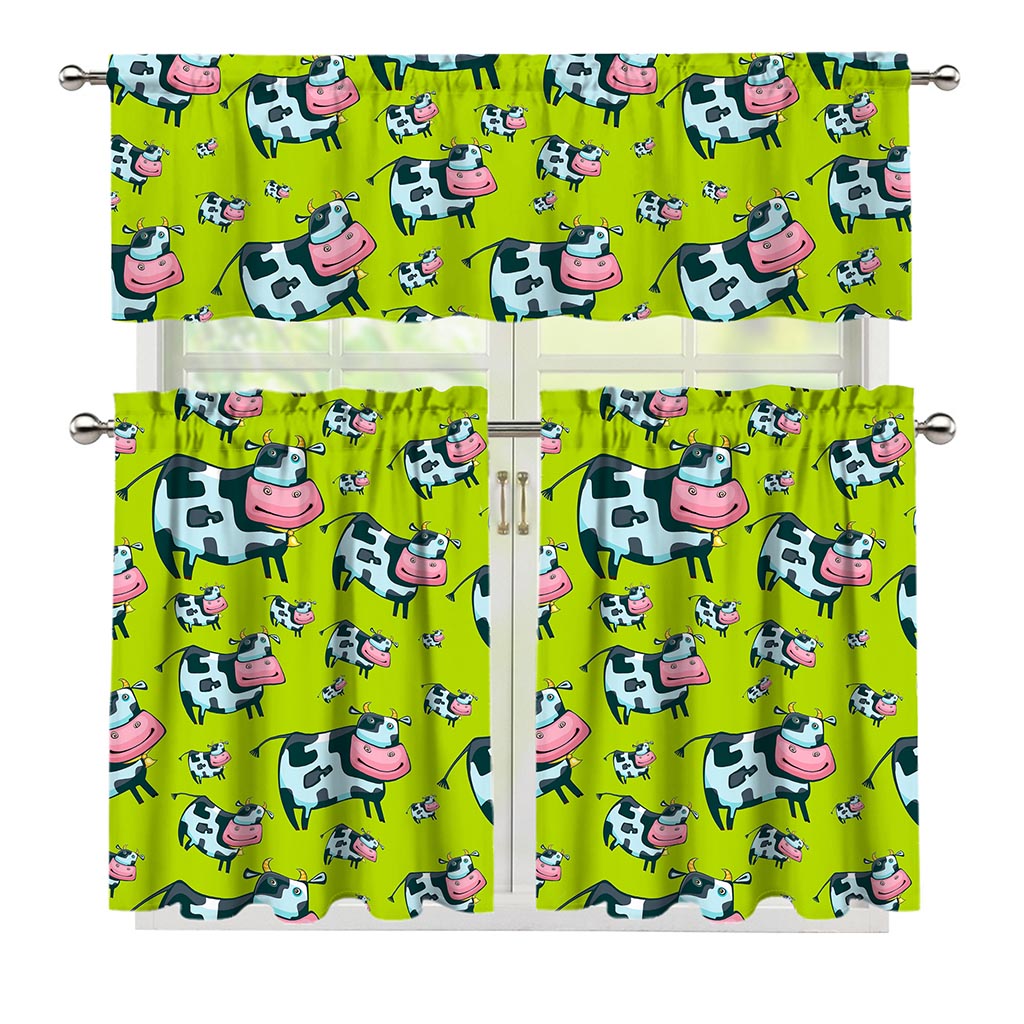 Cartoon Smiley Cow Pattern Print 3 Piece Kitchen Curtains