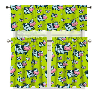 Cartoon Smiley Cow Pattern Print 3 Piece Kitchen Curtains
