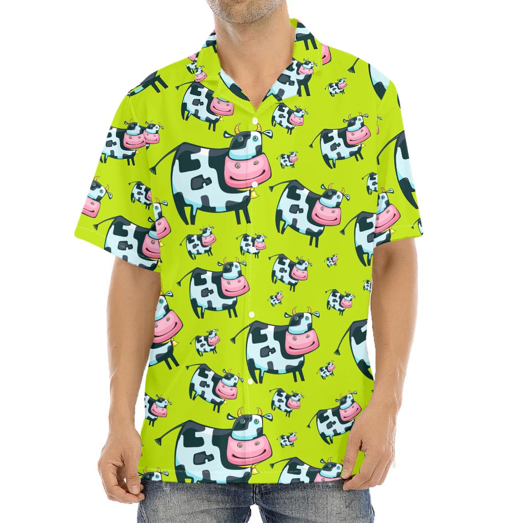Cartoon Smiley Cow Pattern Print Aloha Shirt