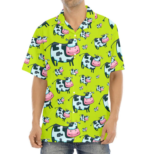 Cartoon Smiley Cow Pattern Print Aloha Shirt