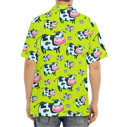Cartoon Smiley Cow Pattern Print Aloha Shirt