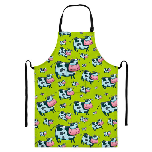 Cartoon Smiley Cow Pattern Print Bib Apron With Pocket