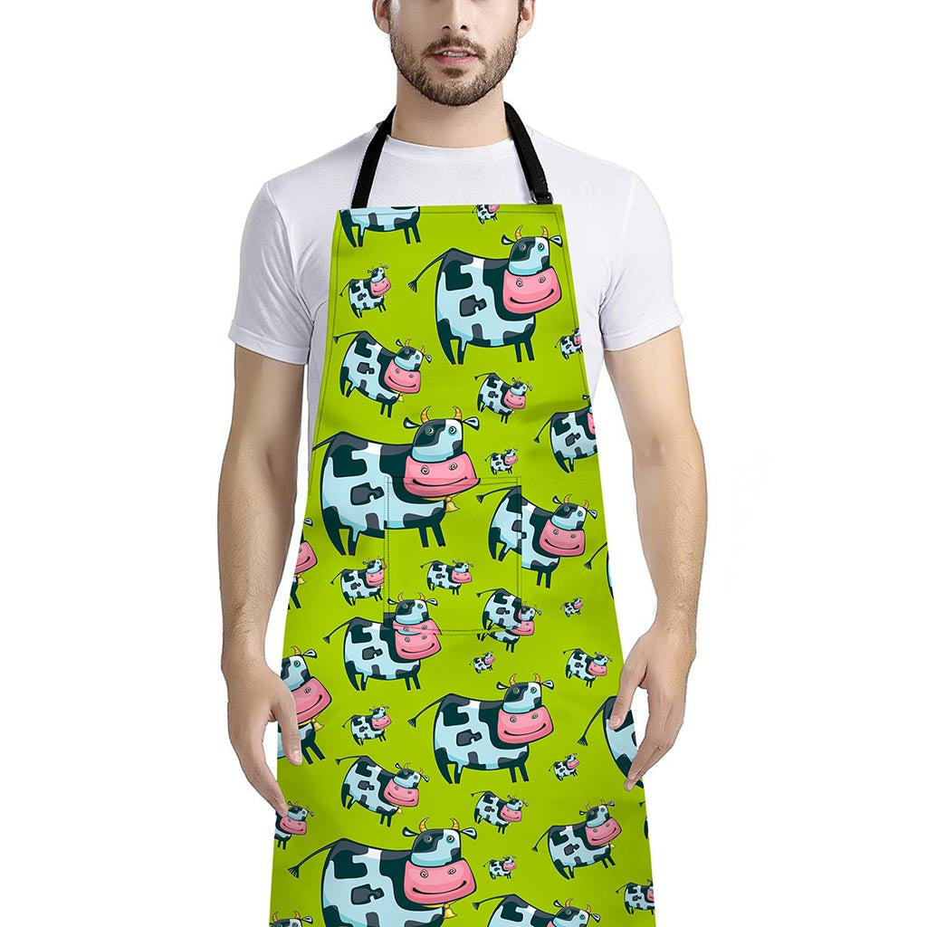 Cartoon Smiley Cow Pattern Print Bib Apron With Pocket
