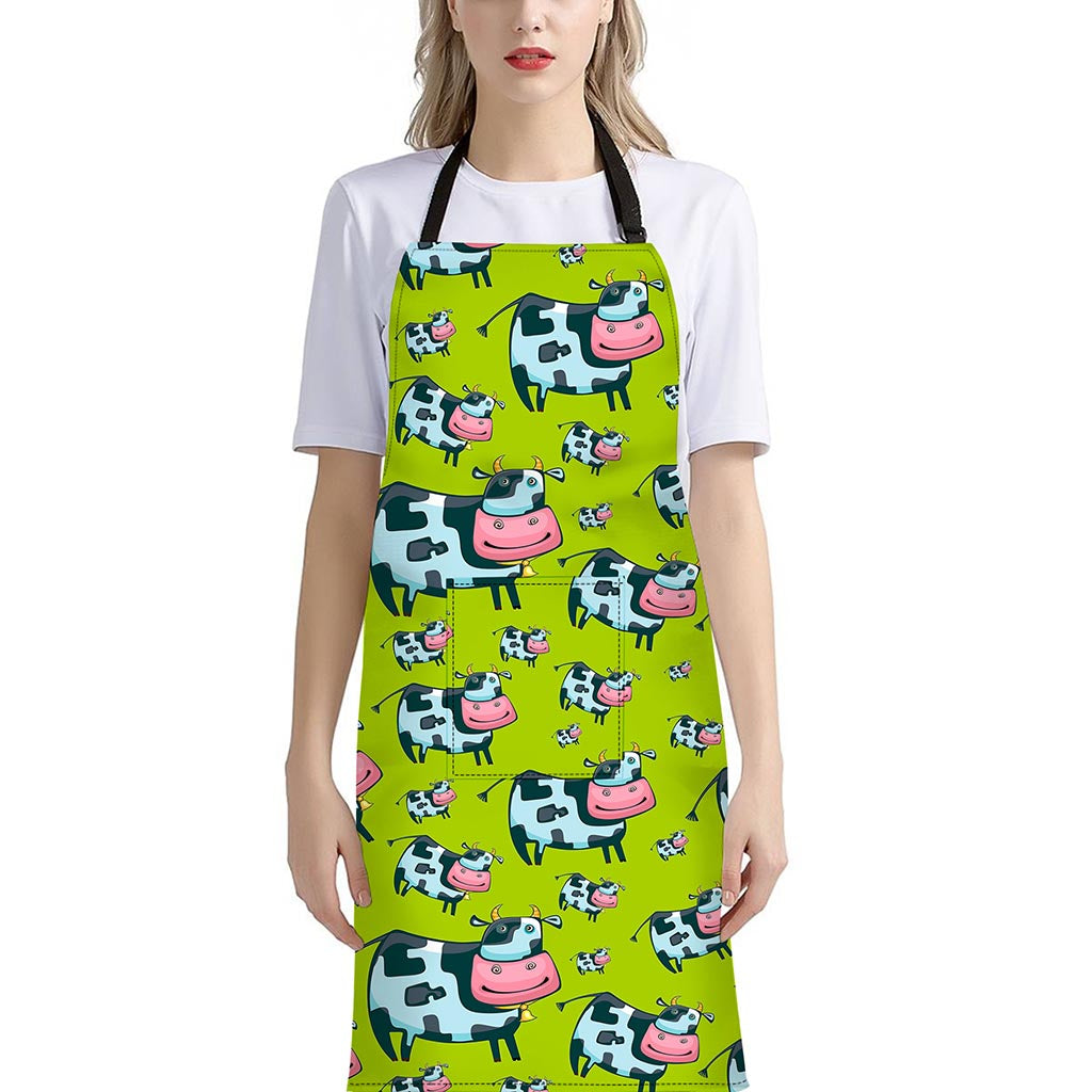 Cartoon Smiley Cow Pattern Print Bib Apron With Pocket