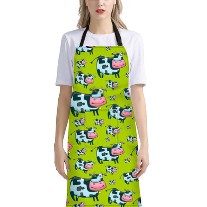 Cartoon Smiley Cow Pattern Print Bib Apron With Pocket