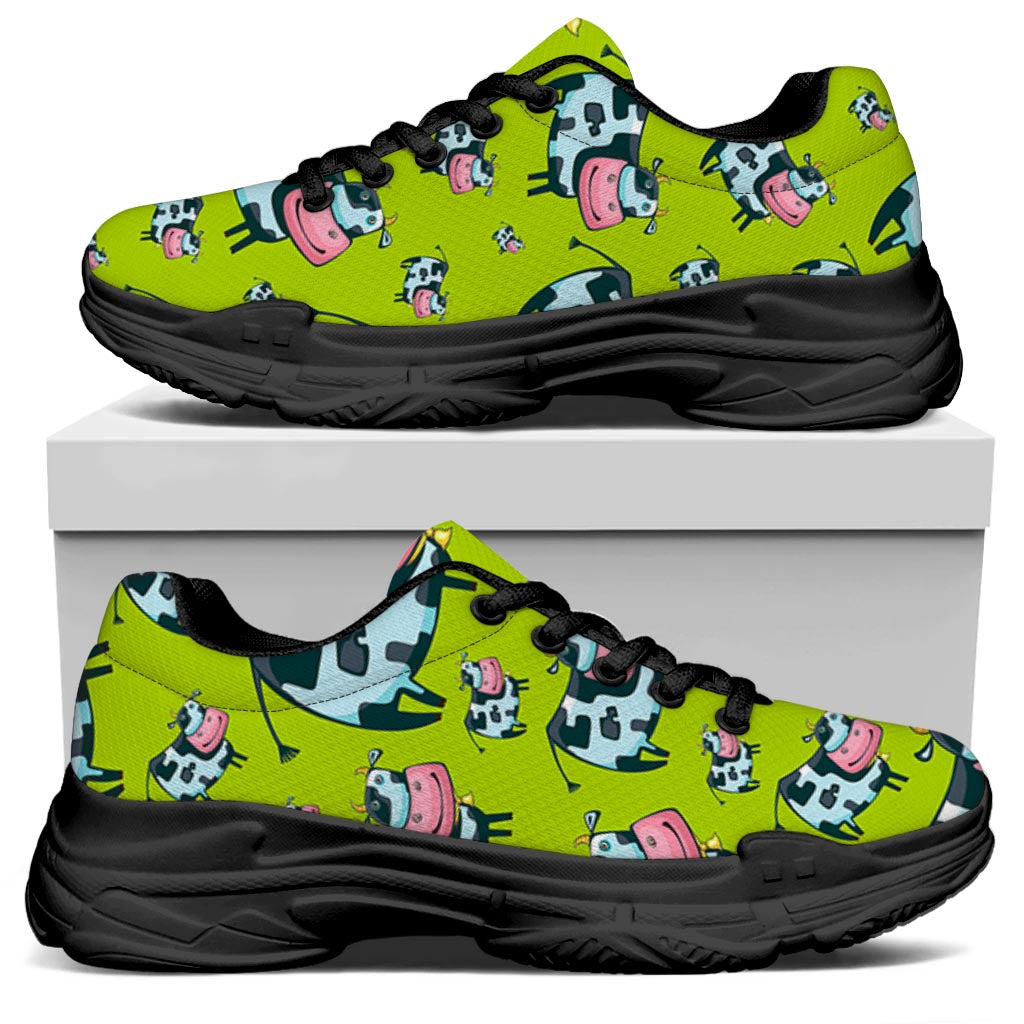 Cartoon Smiley Cow Pattern Print Black Chunky Shoes