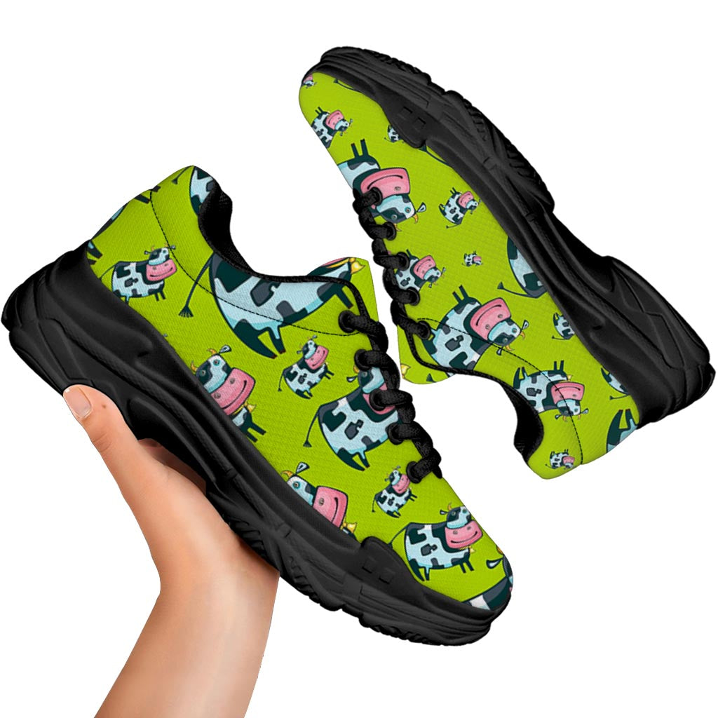 Cartoon Smiley Cow Pattern Print Black Chunky Shoes
