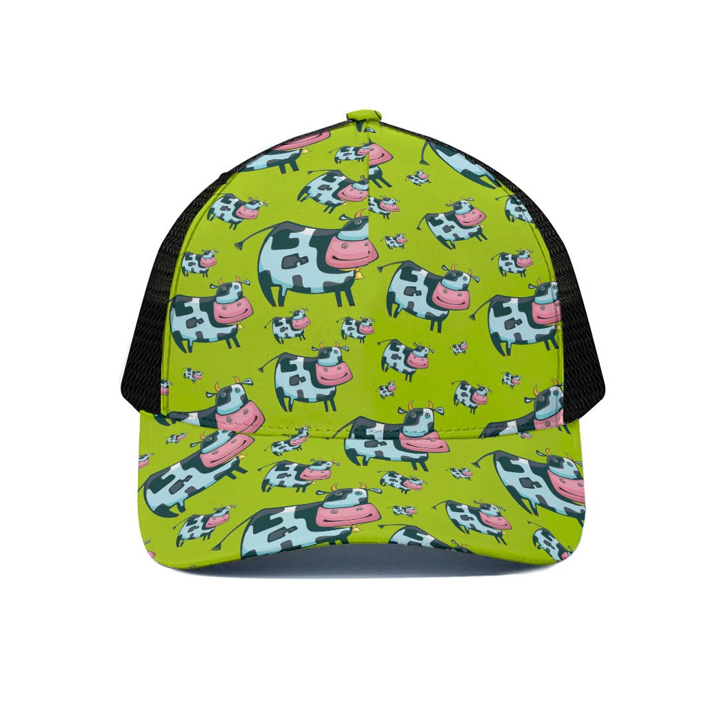 Cartoon Smiley Cow Pattern Print Black Mesh Trucker Cap