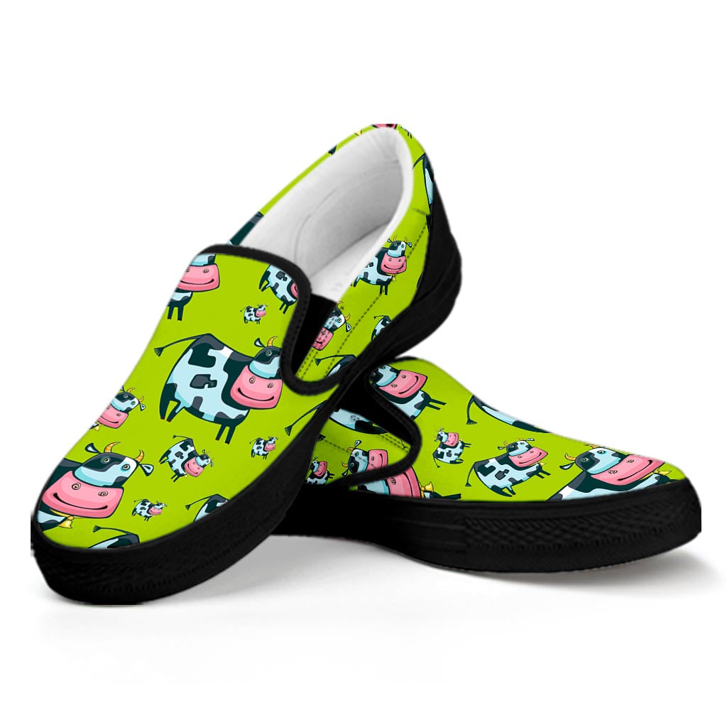 Cartoon Smiley Cow Pattern Print Black Slip On Sneakers