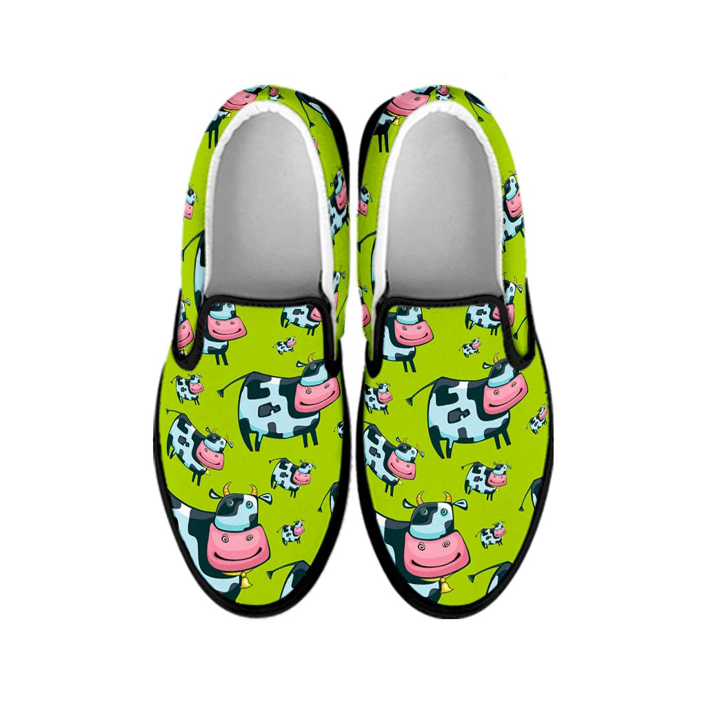 Cartoon Smiley Cow Pattern Print Black Slip On Sneakers