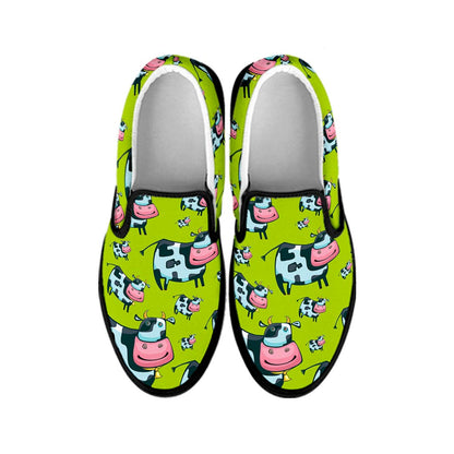 Cartoon Smiley Cow Pattern Print Black Slip On Sneakers