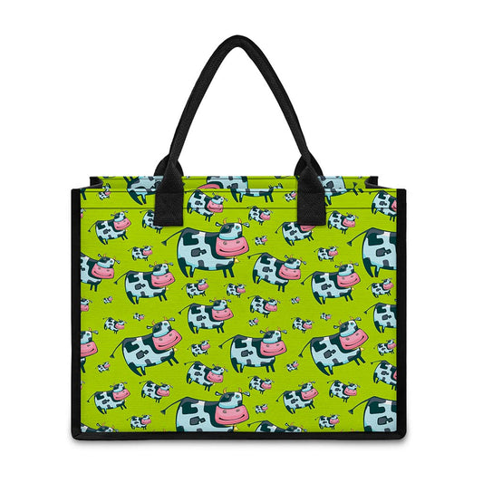 Cartoon Smiley Cow Pattern Print Canvas Tote Bag