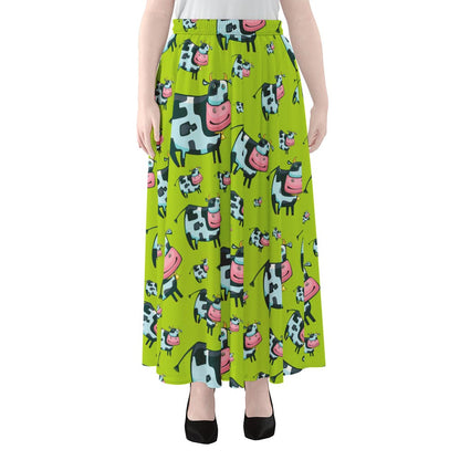 Cartoon Smiley Cow Pattern Print Chiffon Maxi Skirt