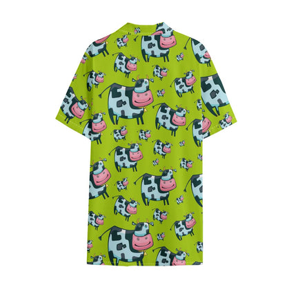 Cartoon Smiley Cow Pattern Print Cotton Hawaiian Shirt