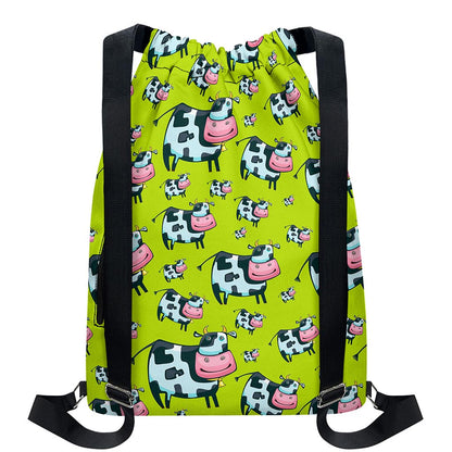 Cartoon Smiley Cow Pattern Print Drawstring Backpack