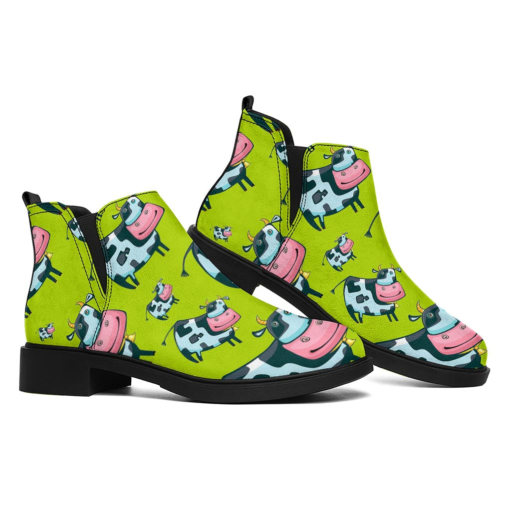 Cartoon Smiley Cow Pattern Print Flat Ankle Boots