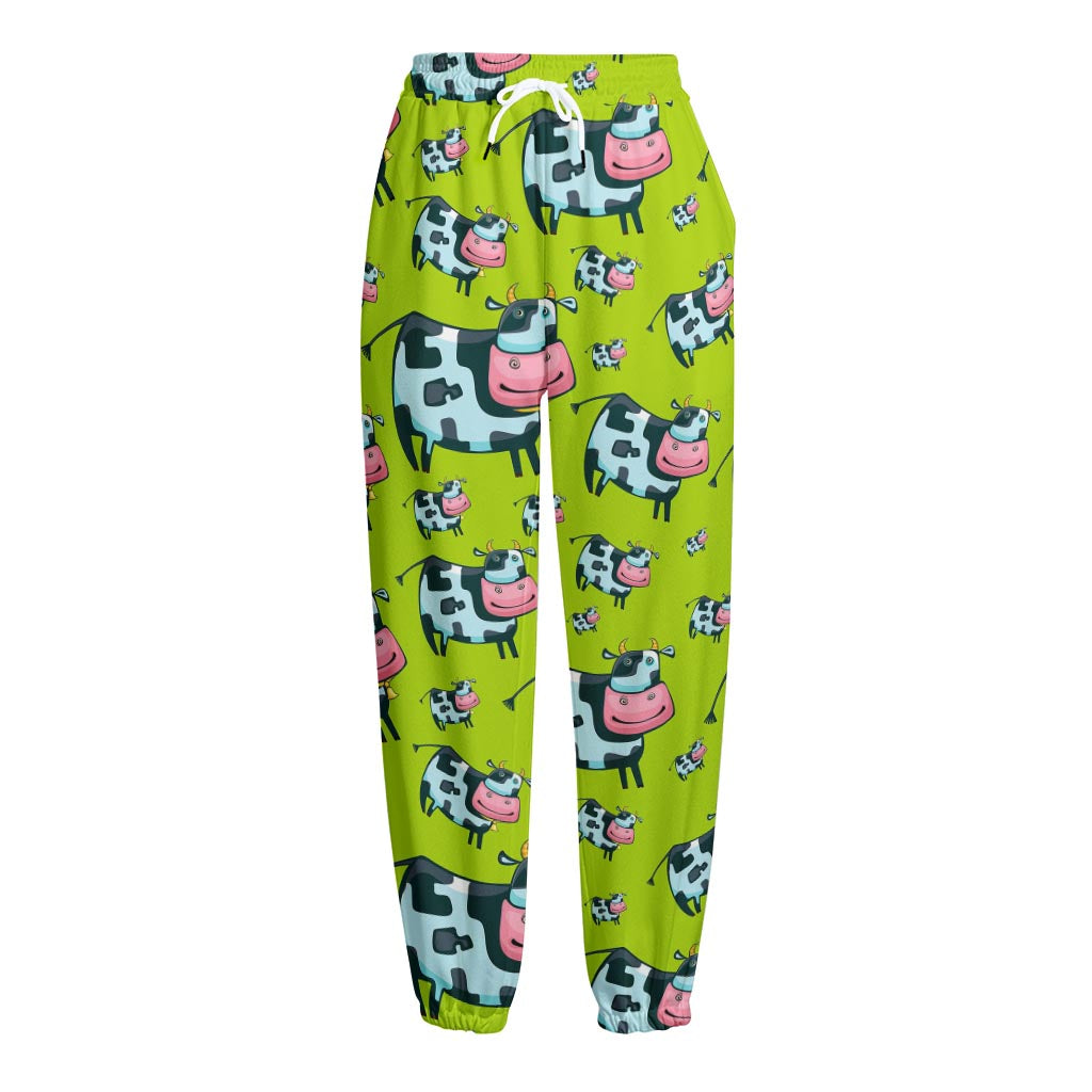 Cartoon Smiley Cow Pattern Print Fleece Lined Knit Pants