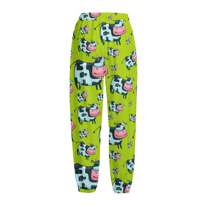 Cartoon Smiley Cow Pattern Print Fleece Lined Knit Pants