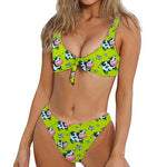 Cartoon Smiley Cow Pattern Print Front Bow Tie Bikini