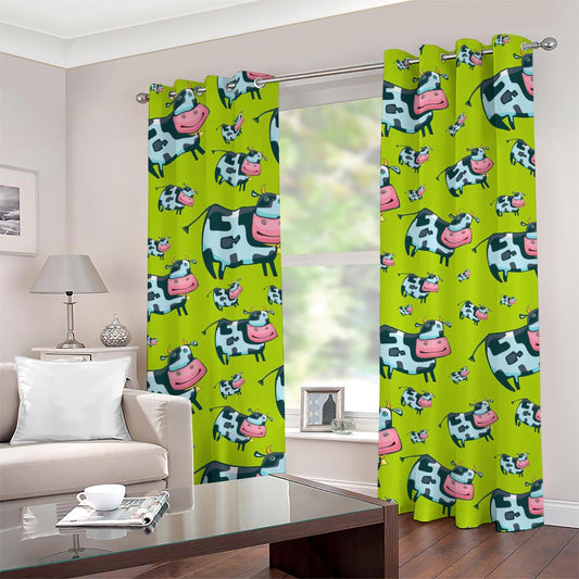 Cartoon Smiley Cow Pattern Print Grommet Curtains