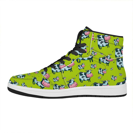 Cartoon Smiley Cow Pattern Print High Top Leather Sneakers