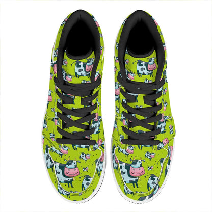 Cartoon Smiley Cow Pattern Print High Top Leather Sneakers
