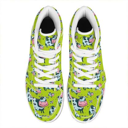Cartoon Smiley Cow Pattern Print High Top Leather Sneakers