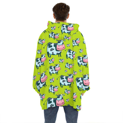 Cartoon Smiley Cow Pattern Print Hoodie Blanket