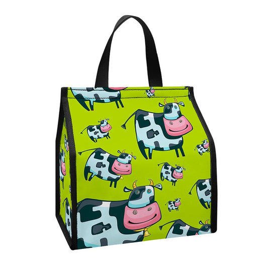 Cartoon Smiley Cow Pattern Print Insulated Lunch Tote