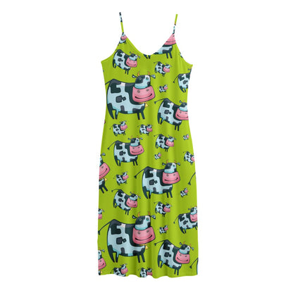 Cartoon Smiley Cow Pattern Print Jersey Midi Cami Dress