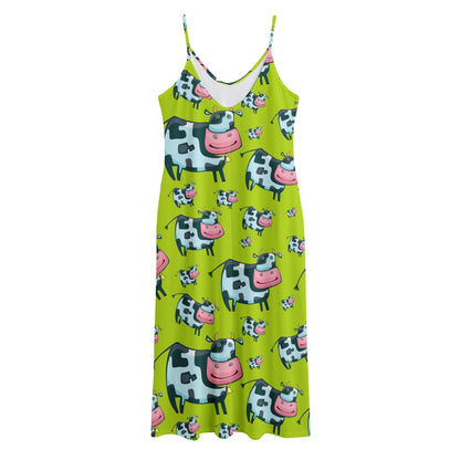 Cartoon Smiley Cow Pattern Print Jersey Midi Cami Dress