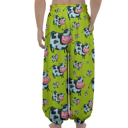 Cartoon Smiley Cow Pattern Print Lantern Pants