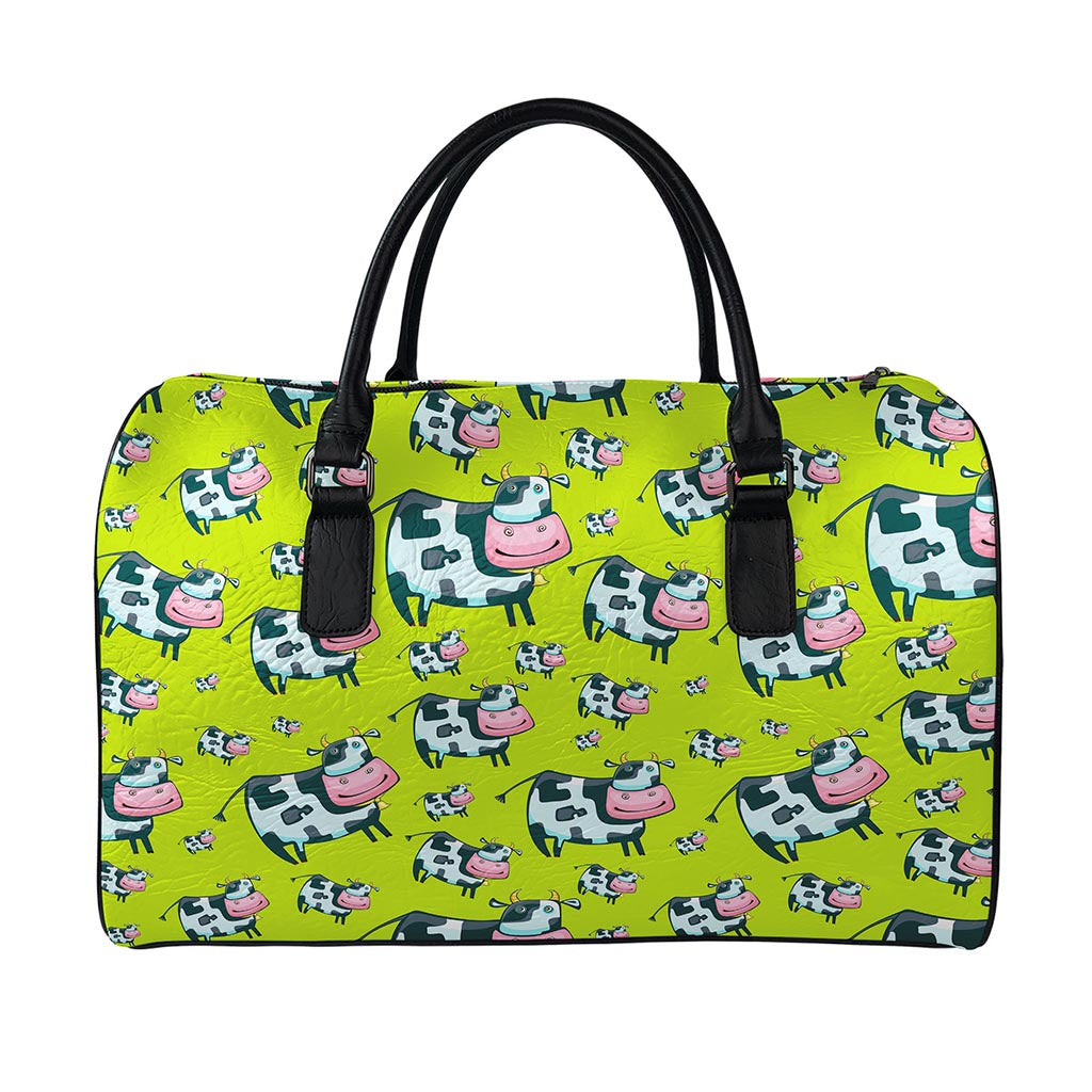Cartoon Smiley Cow Pattern Print Leather Duffle Bag