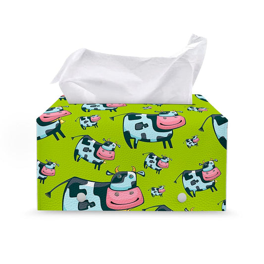 Cartoon Smiley Cow Pattern Print Leather Tissue Box Cover