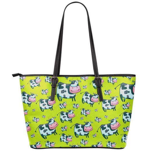 Cartoon Smiley Cow Pattern Print Leather Tote Bag