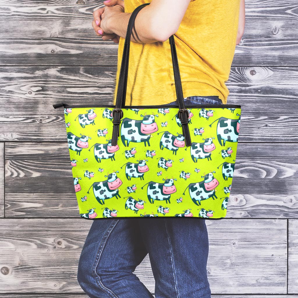 Cartoon Smiley Cow Pattern Print Leather Tote Bag