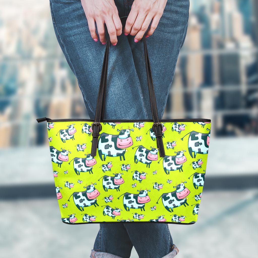 Cartoon Smiley Cow Pattern Print Leather Tote Bag