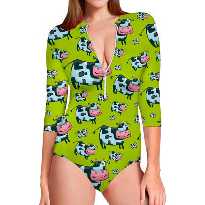 Cartoon Smiley Cow Pattern Print Long Sleeve Swimsuit