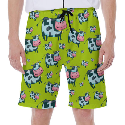 Cartoon Smiley Cow Pattern Print Men's Beach Shorts