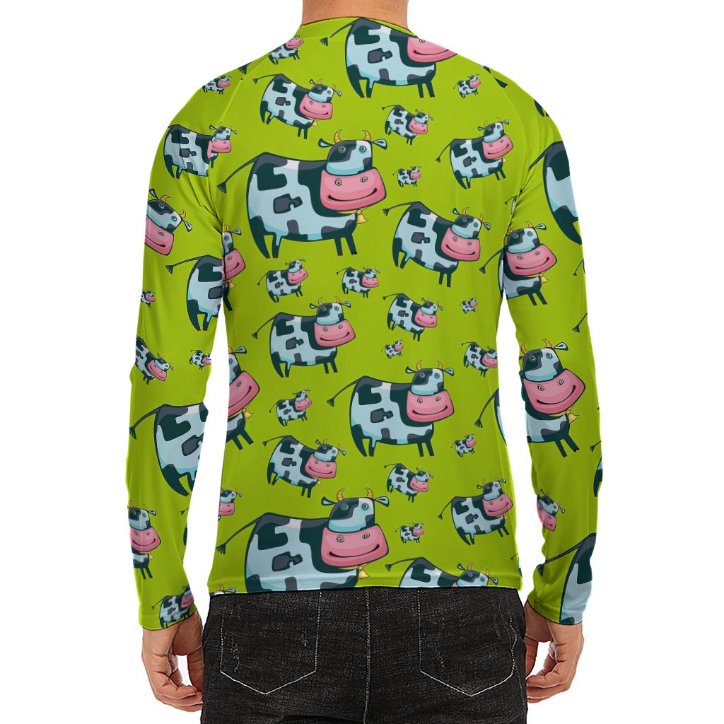 Cartoon Smiley Cow Pattern Print Men's Long Sleeve Rash Guard
