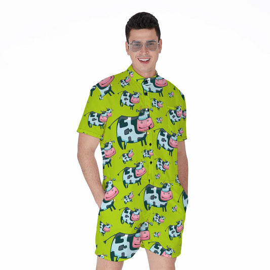 Cartoon Smiley Cow Pattern Print Men's Rompers