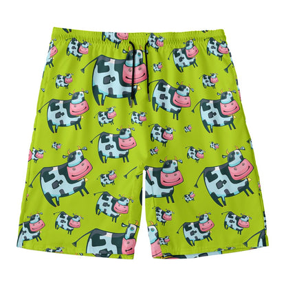 Cartoon Smiley Cow Pattern Print Men's Swim Trunks