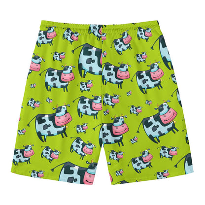 Cartoon Smiley Cow Pattern Print Men's Swim Trunks
