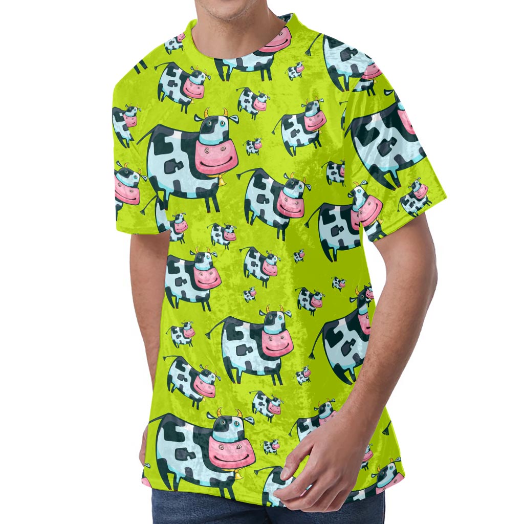 Cartoon Smiley Cow Pattern Print Men's Velvet T-Shirt