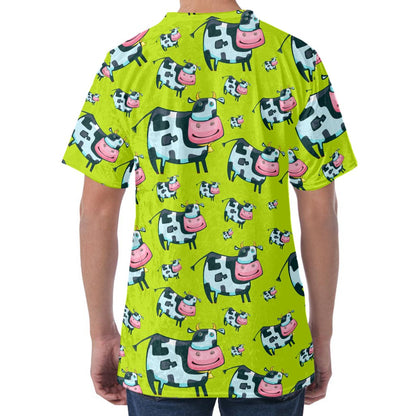 Cartoon Smiley Cow Pattern Print Men's Velvet T-Shirt
