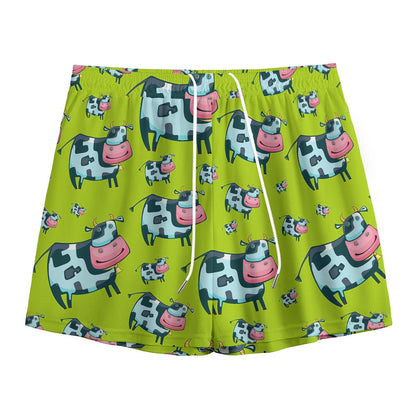 Cartoon Smiley Cow Pattern Print Mesh Shorts